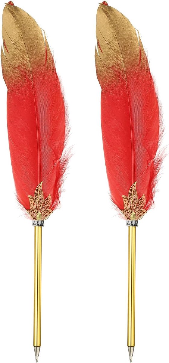 Veren Pen Quill, 2 stuks veer balpen bulk verfijnde vintage veer kalligrafie pen voor gast handtekening bruiloft bruids kantoor schrijven, rood