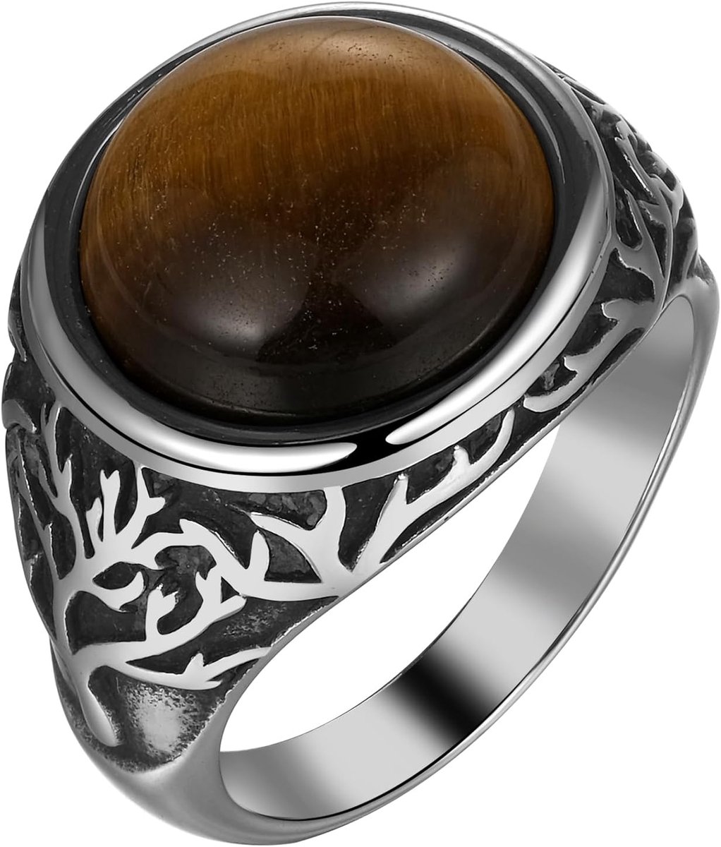 Herenring, tijgeroog/onyx met levensboom: vintage gothic van