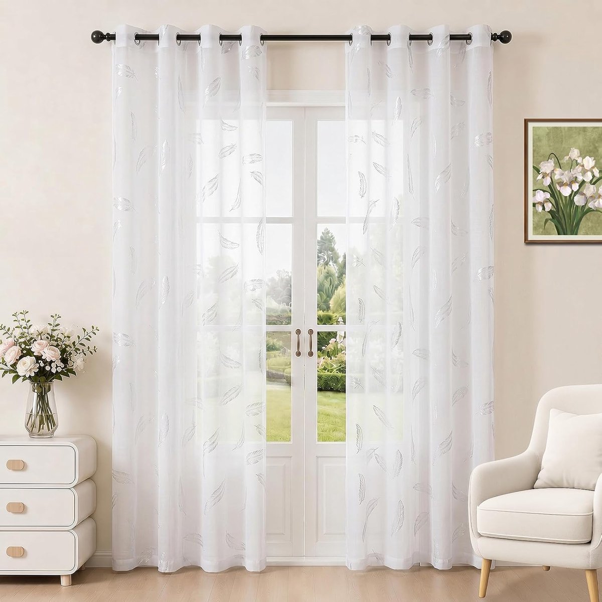 Set Van 2 Transparante Voile-Gordijnen 140x245 Cm, Modern Verenmotief