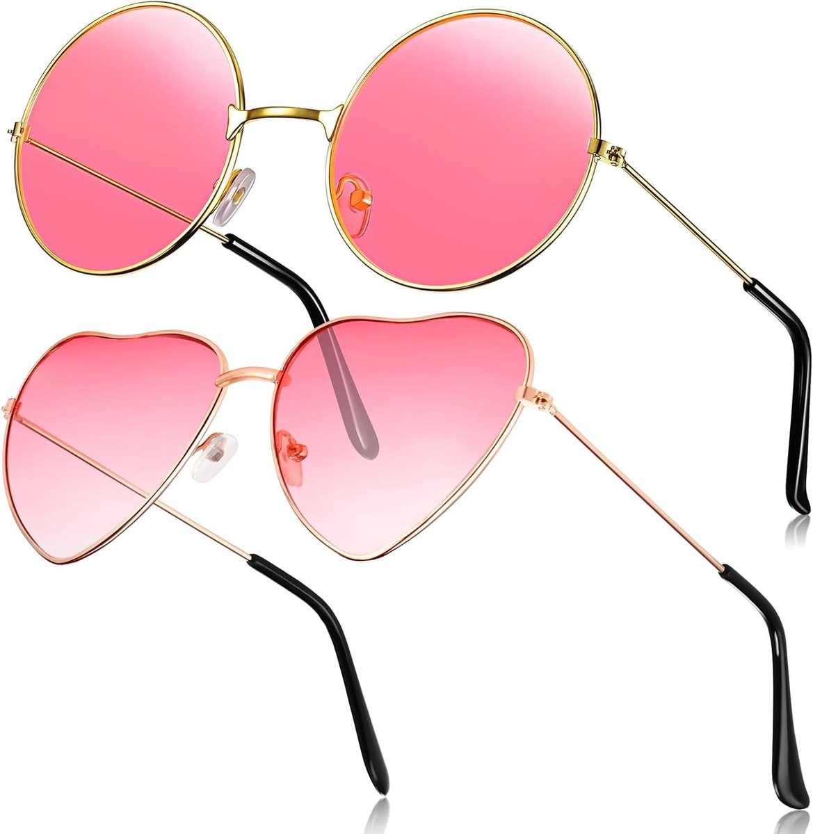 Retro Hartvormige Zonnebrillen voor Kostuums - 2 Paar Vintage Ronde Hippie Zonnebrillen voor Mannen en Vrouwen, Perfect voor Feestjes en Festivals