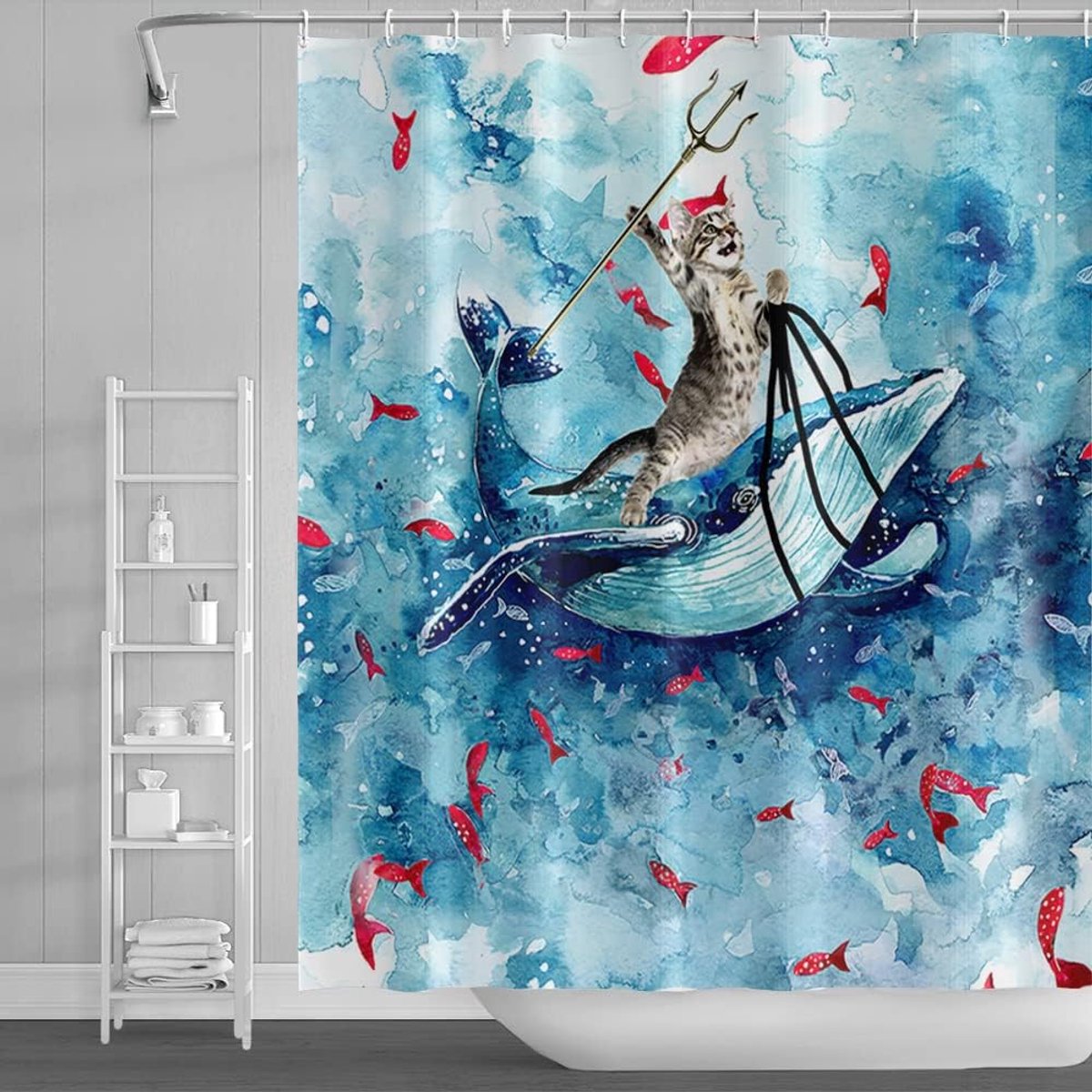 90 x 183 cm grappige kat douchegordijn schattige kat rijdt op walvis oceaangolf badgordijn cartoon rode vis blauwe badkuipgordijn voor kinderen badkamerdecoratie stof polyester waterdicht met