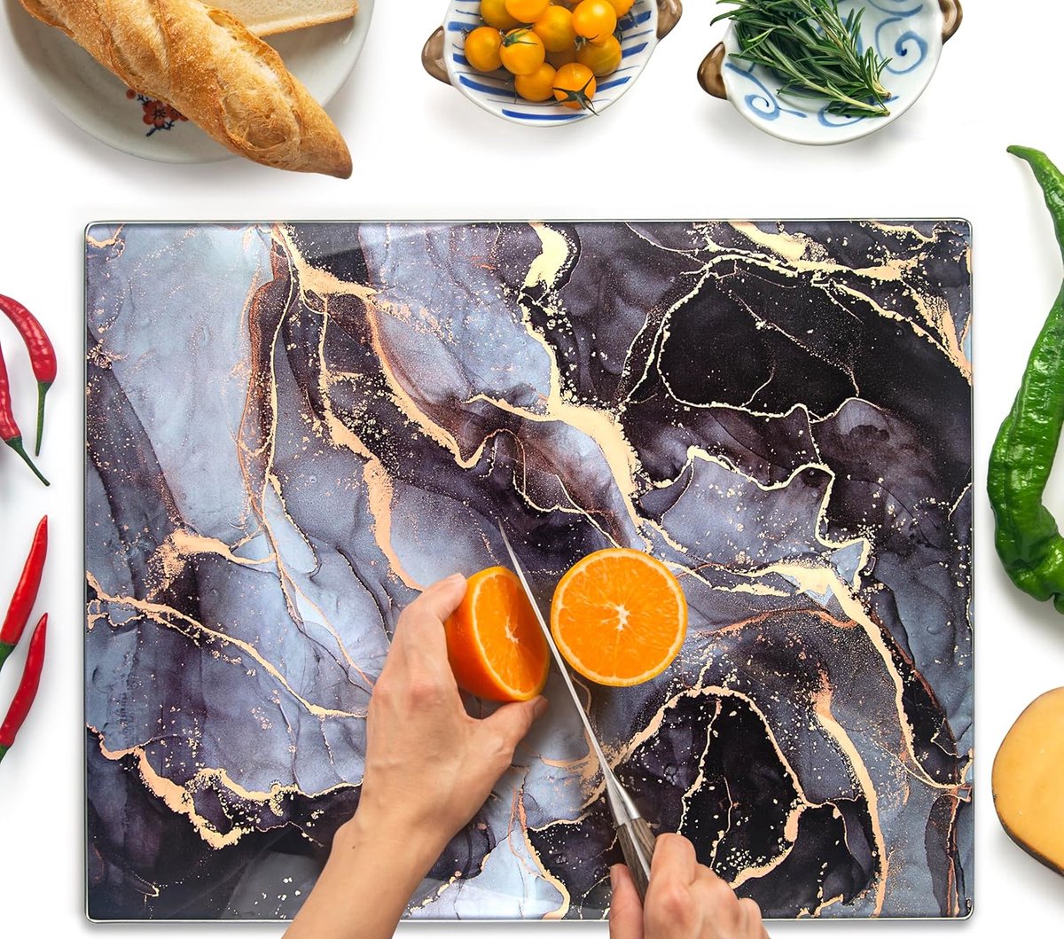 Glazen Snijplank 50×40 cm – Glass Cutting Board – Breukbestendig, Hittebestendig & Antislip – Grijs en goud