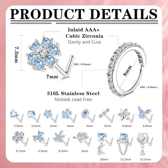20 stuks neusringen van 20 g set, L-vormige neusstud piercing — afbeelding 5