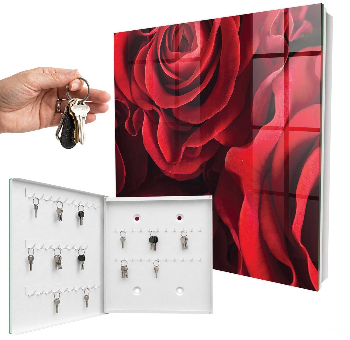 WallMuralia - Sleutelkast - 30x30x5 cm - met 50 haken - Rode Rozen Sleutelkastje Modern - Rood Sleutelbox - Linksopenend - Wit interieur