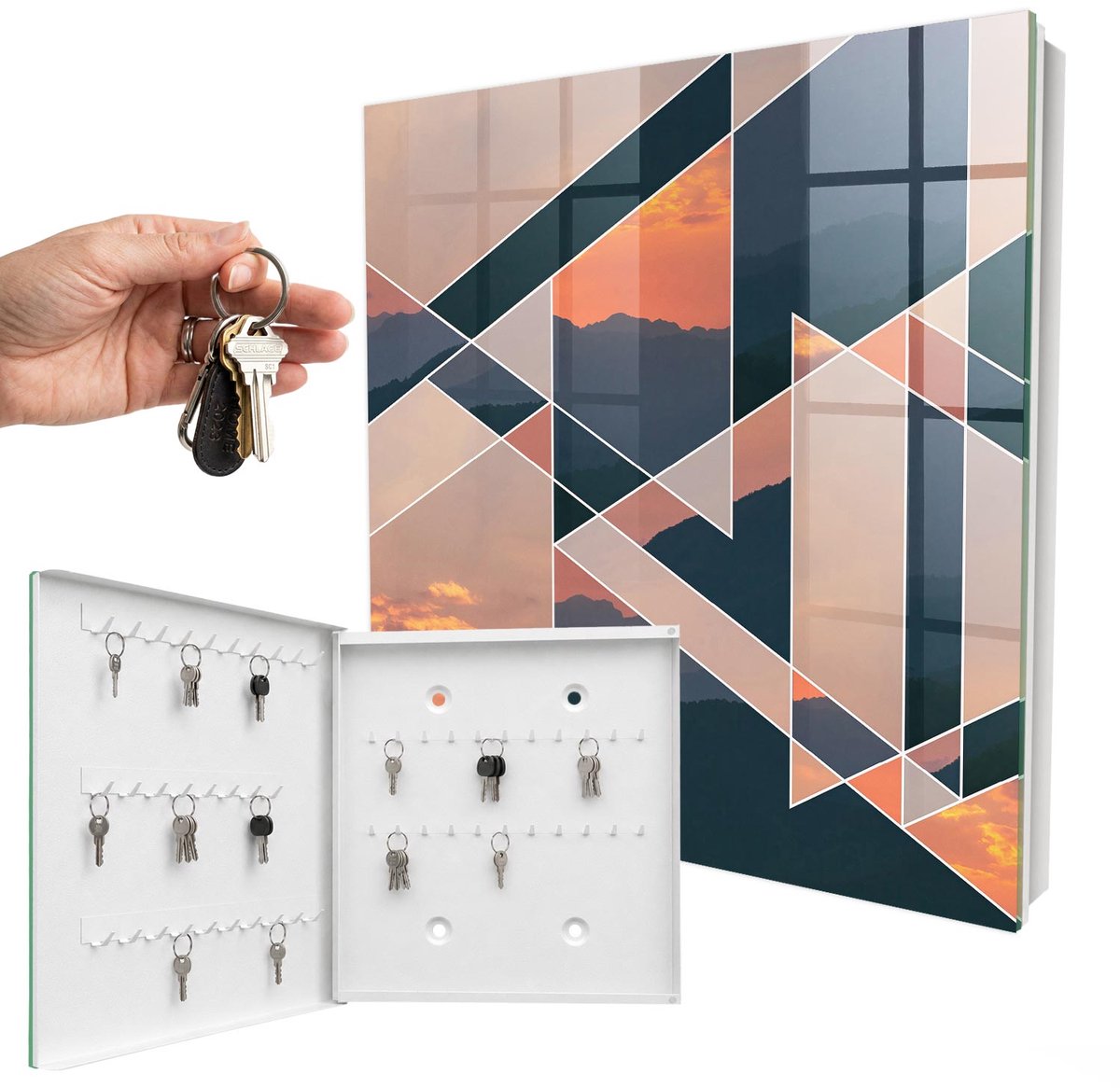 WallMuralia - Sleutelkast - 30x30x5 cm - met 50 haken - Bergachtig Westen Sleutelkastje Voor Binnen - Oranje Sleutelbox - Linksopenend - Wit interieur