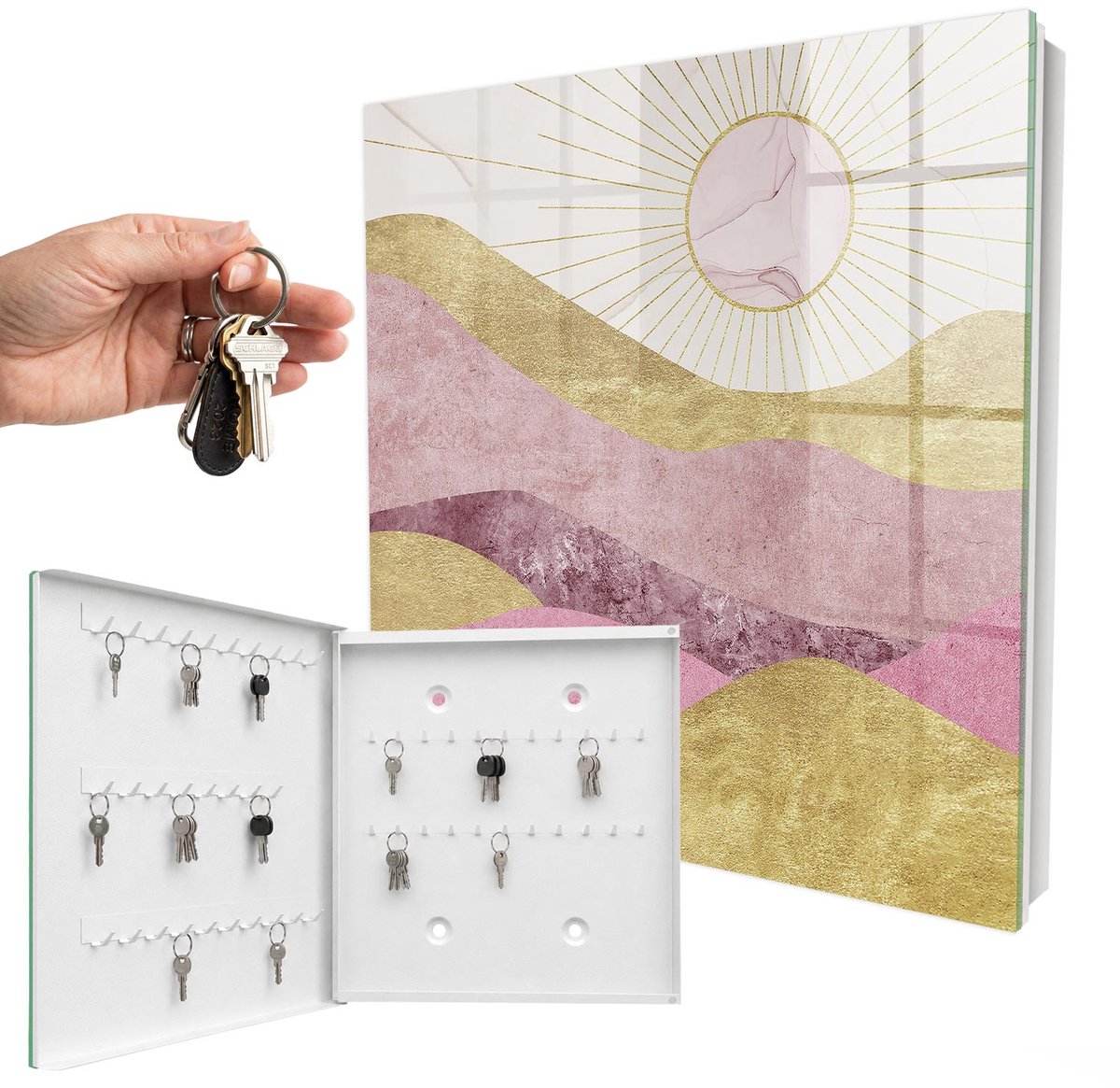 WallMuralia - Sleutelkast - 30x30x5 cm - met 50 haken - Golven, Zonnestralen Groot Sleutelkastje - Geel Sleutelbox - Linksopenend - Wit interieur