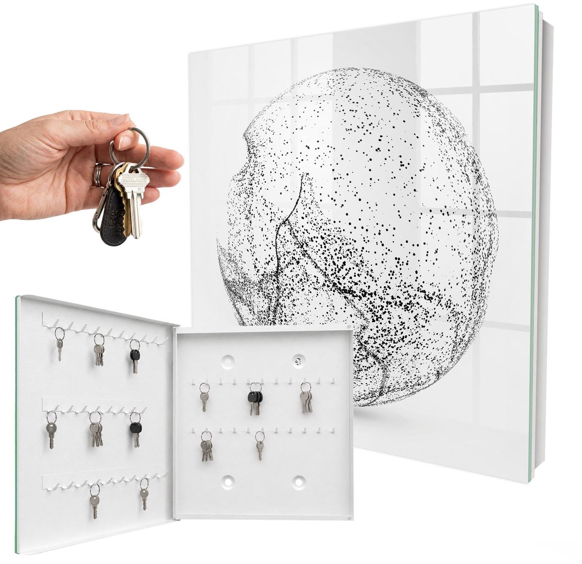 WallMuralia - Sleutelkast - 30x30x5 cm - met 50 haken - Abstracte Ruimte Sleutelkastje Industrieel - Grijs Sleutelbox - Linksopenend - Wit interieur