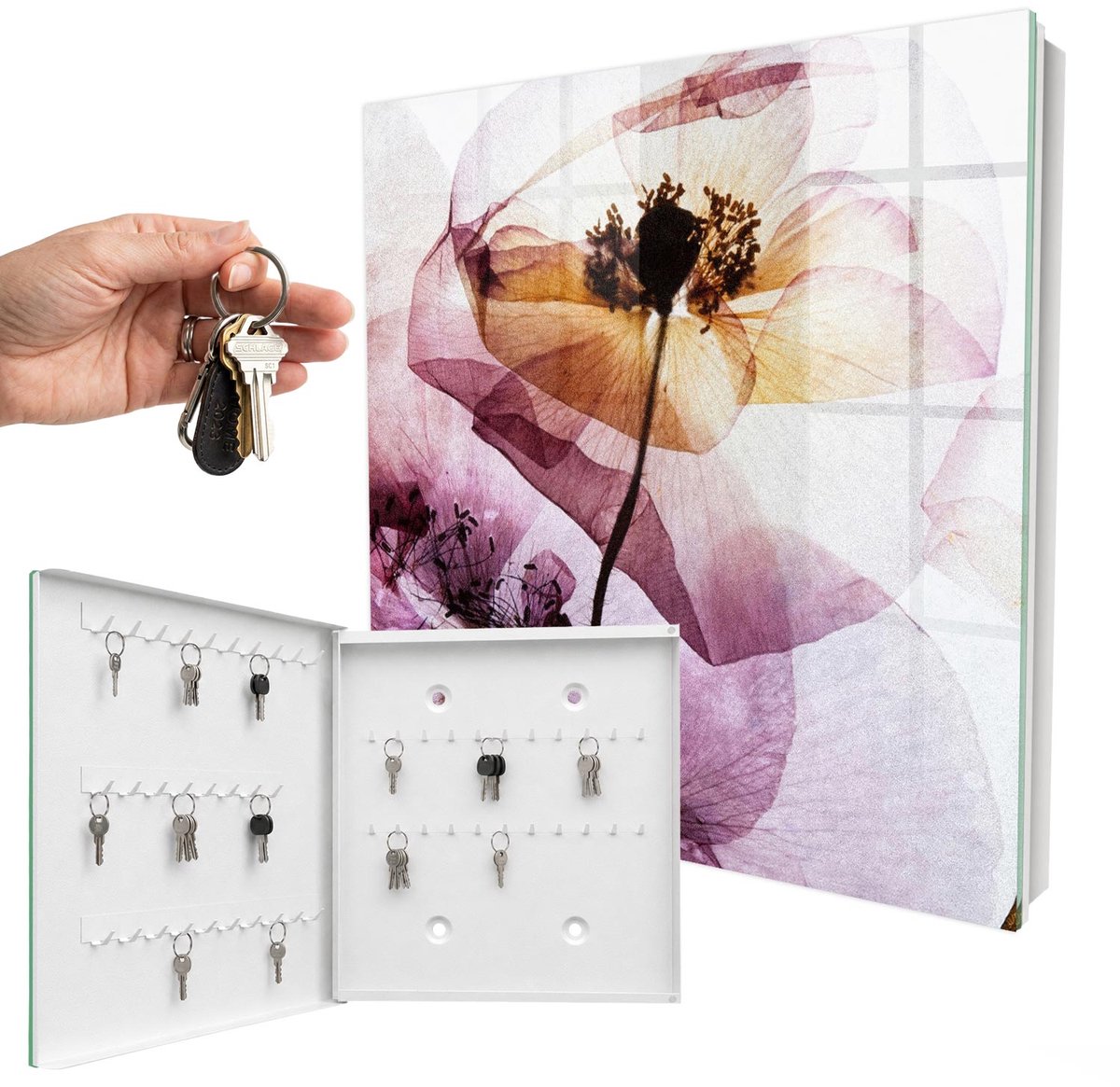 WallMuralia - Sleutelkast - 30x30x5 cm - met 50 haken - Bloemige Elegantie Sleutelkastje Voor Binnen - Paars Sleutelbox - Linksopenend - Wit interieur