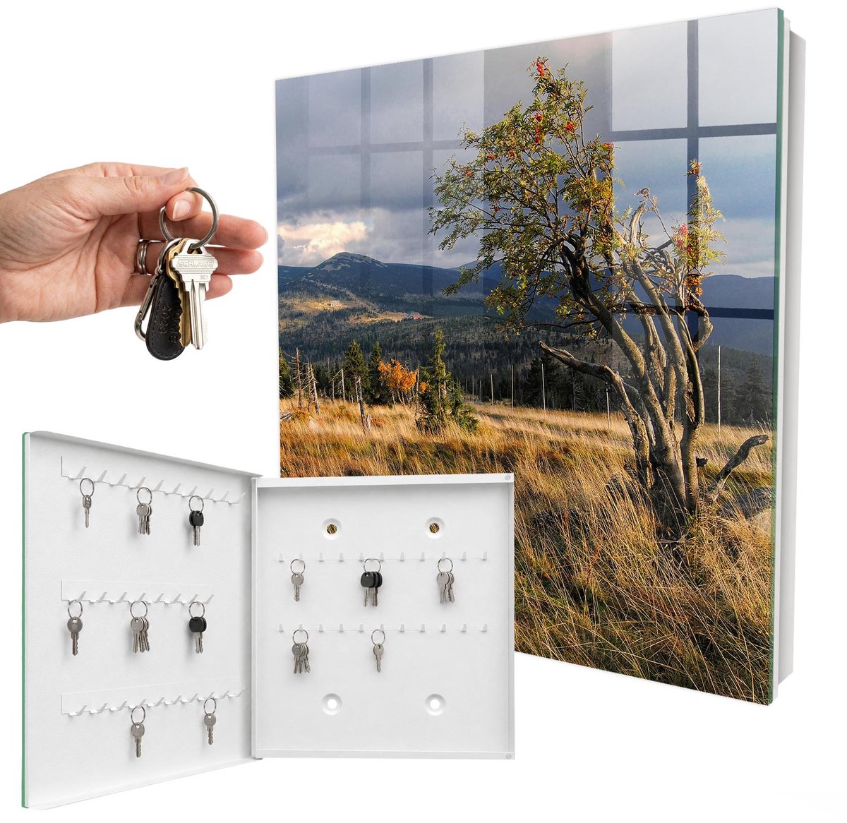WallMuralia - Sleutelkast - 30x30x5 cm - met 50 haken - Herfstlandschap Sleutelkastje Modern - Groente Sleutelbox - Linksopenend - Wit interieur