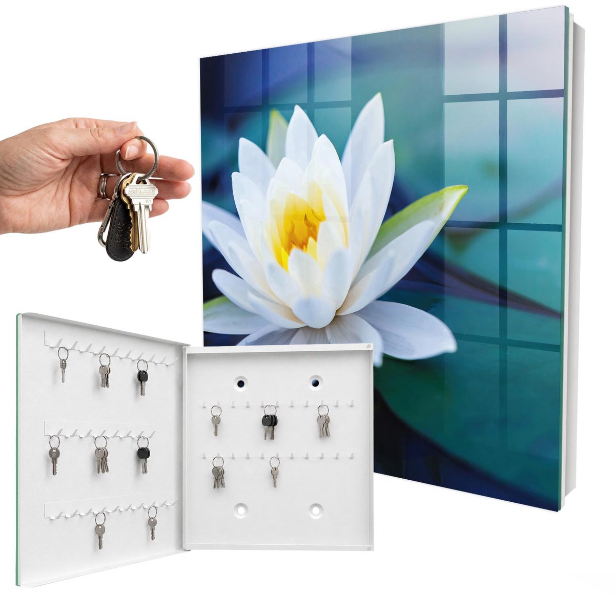 WallMuralia - Sleutelkast - 30x30x5 cm - met 50 haken - Waterlelie Sleutelkastje Gang - Groente Sleutelbox - Linksopenend - Wit interieur