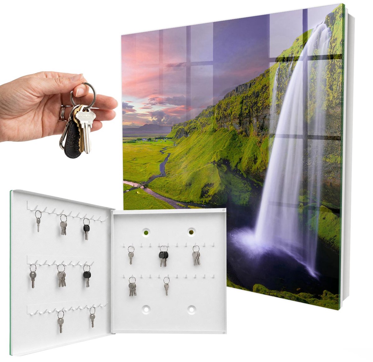 WallMuralia - Sleutelkast - 30x30x5 cm - met 50 haken - Bergwaterval Groot Sleutelkastje - Groente Sleutelbox - Linksopenend - Wit interieur
