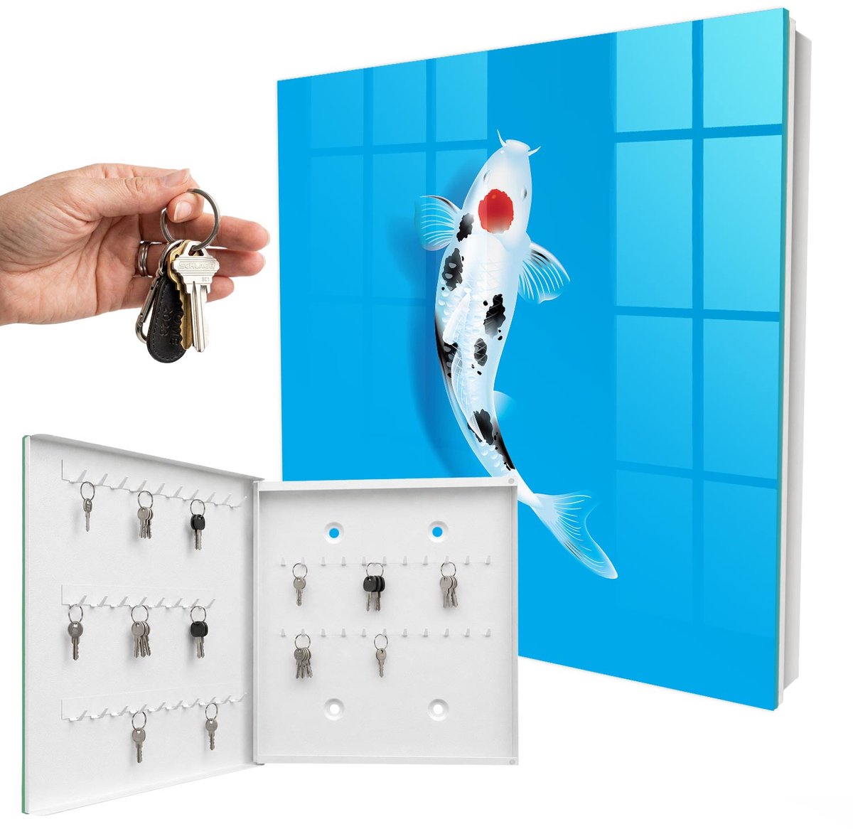 WallMuralia - Sleutelkast - 30x30x5 cm - met 50 haken - Koi-Vis Groot Sleutelkastje - Blauw Sleutelbox - Linksopenend - Wit interieur