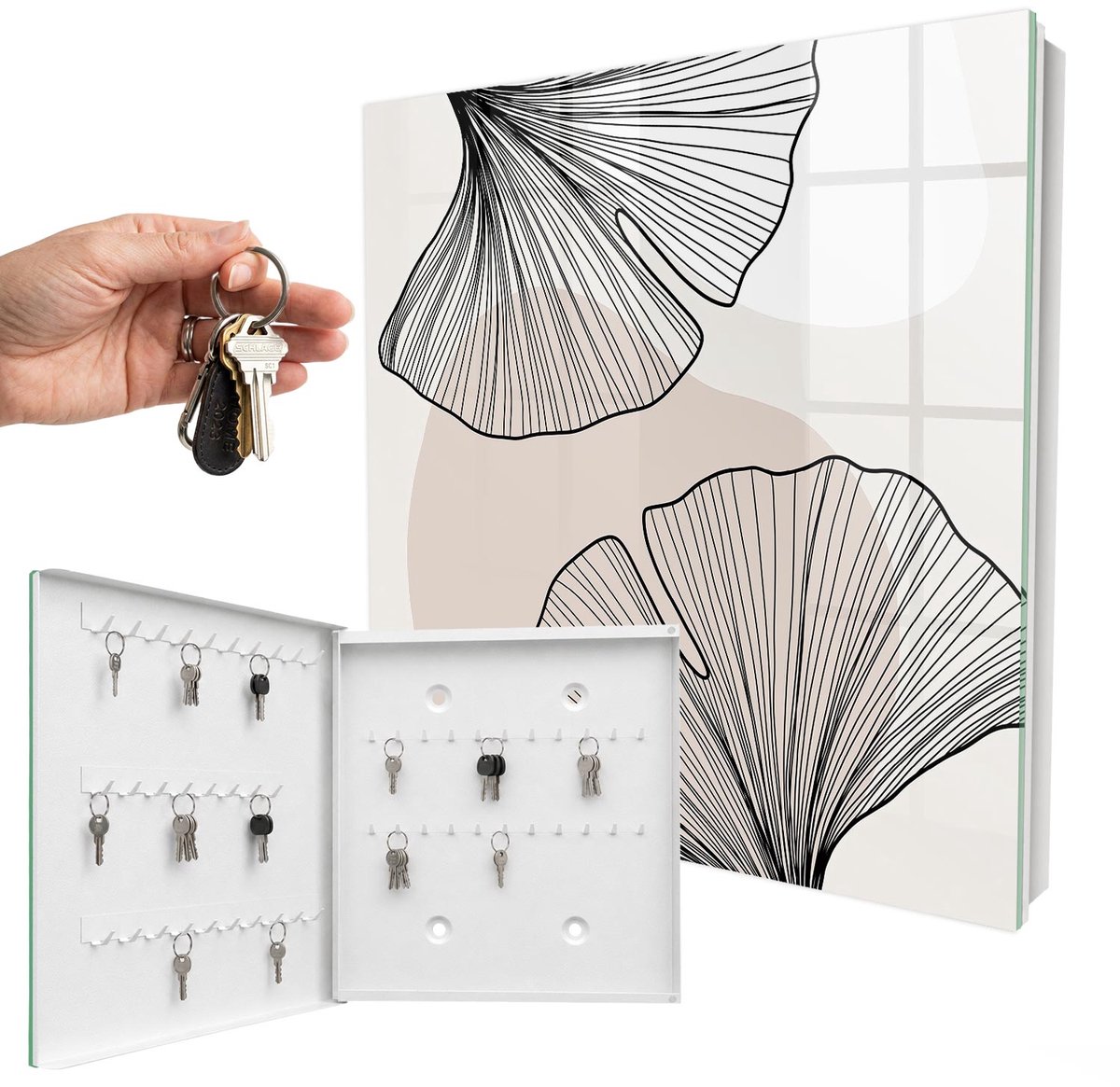 WallMuralia - Sleutelkast - 30x30x5 cm - met 50 haken - Zwarte Bladeren Leuk Sleutelkastje - Romig Sleutelbox - Linksopenend - Wit interieur