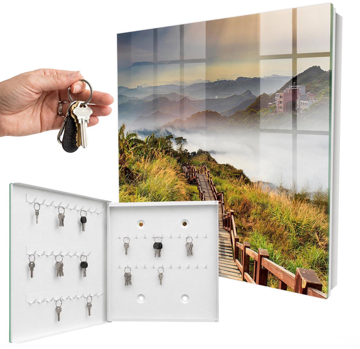 WallMuralia - Sleutelkast - 30x30x5 cm - met 50 haken - Bergmagie Sleutelkastje - Groente Sleutelbox - Linksopenend - Wit interieur