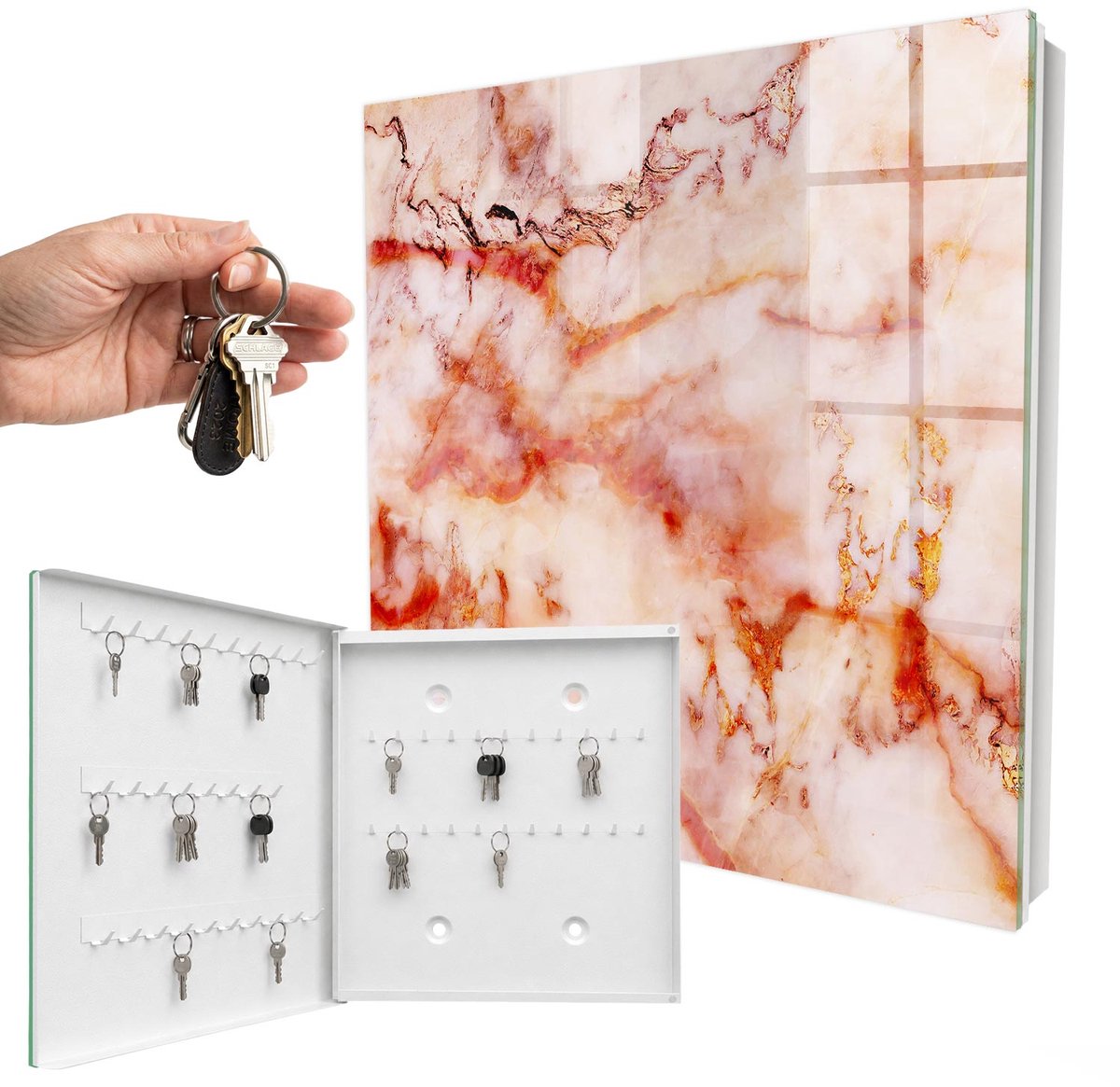 WallMuralia - Sleutelkast - 30x30x5 cm - met 50 haken - Marmerpatroon Sleutelkastje Landelijk - Beige Sleutelbox - Linksopenend - Wit interieur