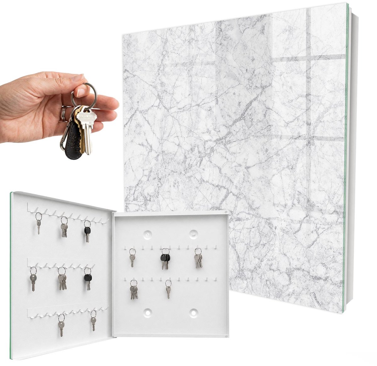WallMuralia - Sleutelkast - 30x30x5 cm - met 50 haken - Marmeren Elegantie Sleutelkastje Gang - Wit Sleutelbox - Linksopenend - Wit interieur