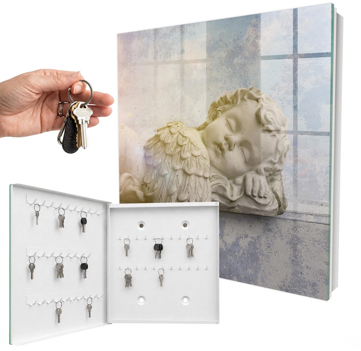 WallMuralia - Sleutelkast - 30x30x5 cm - met 50 haken - Slapende Engel Sleutelkastje Muur - Beige Sleutelbox - Linksopenend - Wit interieur