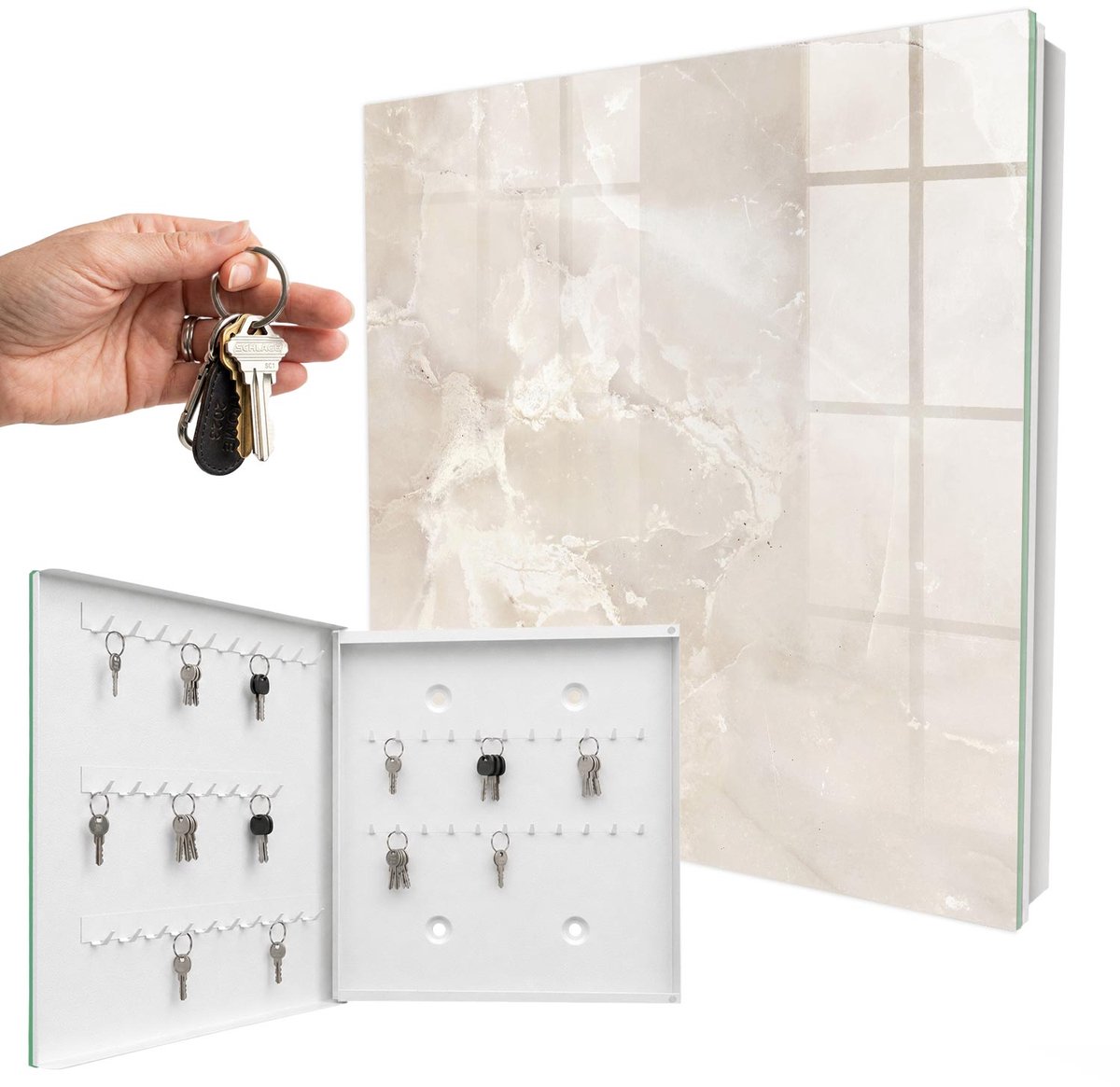 WallMuralia - Sleutelkast - 30x30x5 cm - met 50 haken - Marmeren Elegantie Sleutelkastje Gang - Beige Sleutelbox - Linksopenend - Wit interieur