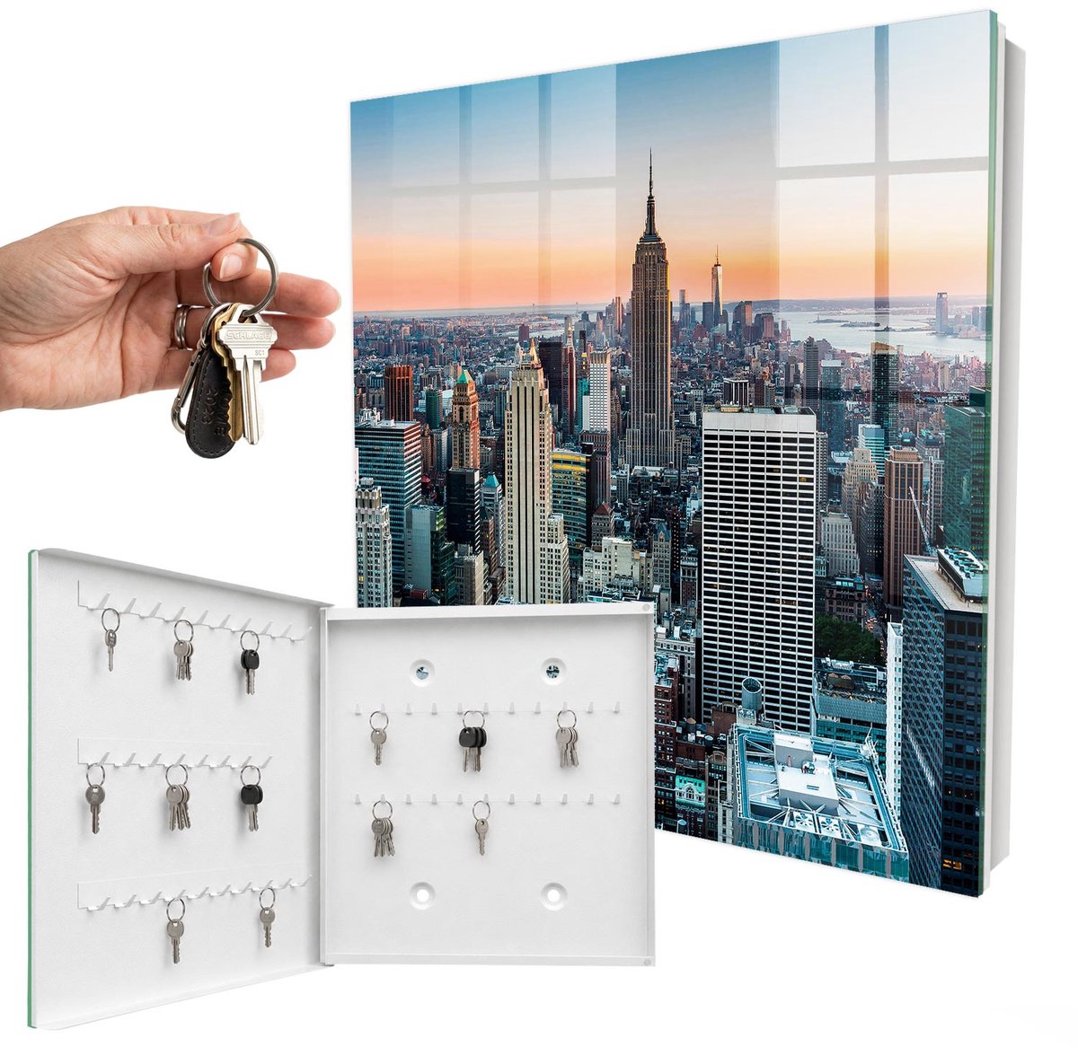 WallMuralia - Sleutelkast - 30x30x5 cm - met 50 haken - Stadspanorama Design Sleutelkastje - Grijs Sleutelbox - Linksopenend - Wit interieur
