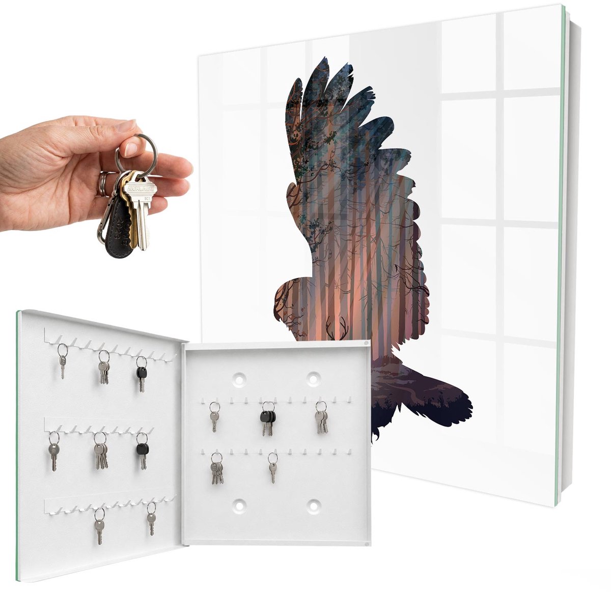 WallMuralia - Sleutelkast - 30x30x5 cm - met 50 haken - Bosvogel Sleutelkastje Gang - Bruin Sleutelbox - Linksopenend - Wit interieur