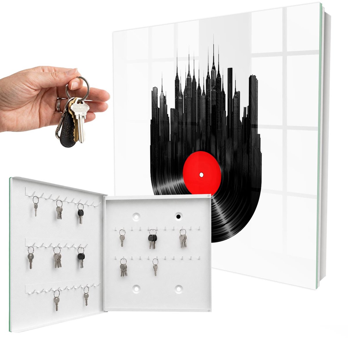 WallMuralia - Sleutelkast - 30x30x5 cm - met 50 haken - Muziek Van De Stad Sleutelkastje Klein - Zwart Sleutelbox - Linksopenend - Wit interieur