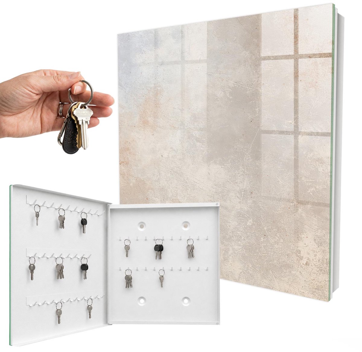 WallMuralia - Sleutelkast - 30x30x5 cm - met 50 haken - Rustieke Elegantie Sleutelkastje Klein - Beige Sleutelbox - Linksopenend - Wit interieur