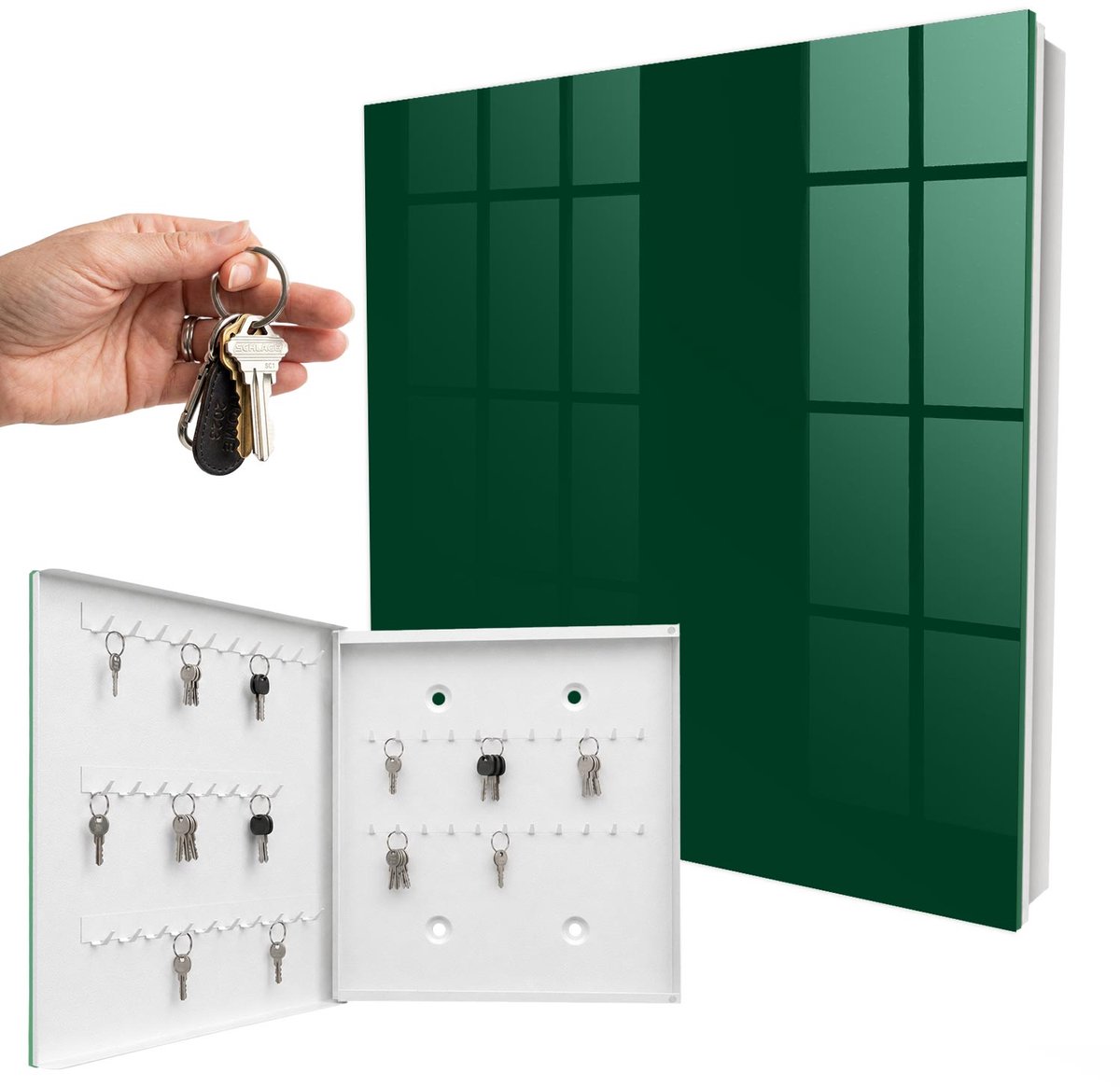 WallMuralia - Sleutelkast - 30x30x5 cm - met 50 haken - Flesgroen Sleutelkastje Industrieel - Groente Sleutelbox - Linksopenend - Wit interieur