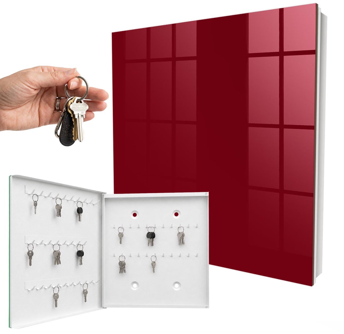WallMuralia - Sleutelkast - 30x30x5 cm - met 50 haken - Levendig Bordeauxrood Sleutelkastje Landelijk - Bordeaux Sleutelbox - Linksopenend - Wit interieur
