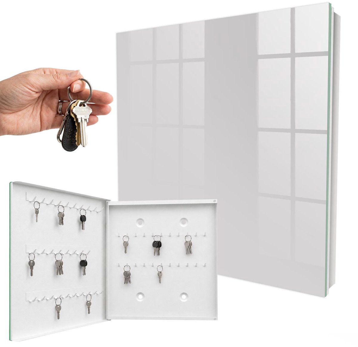 WallMuralia - Sleutelkast - 30x30x5 cm - met 50 haken - Grijze Kleur Groot Sleutelkastje - Grijs Sleutelbox - Linksopenend - Wit interieur