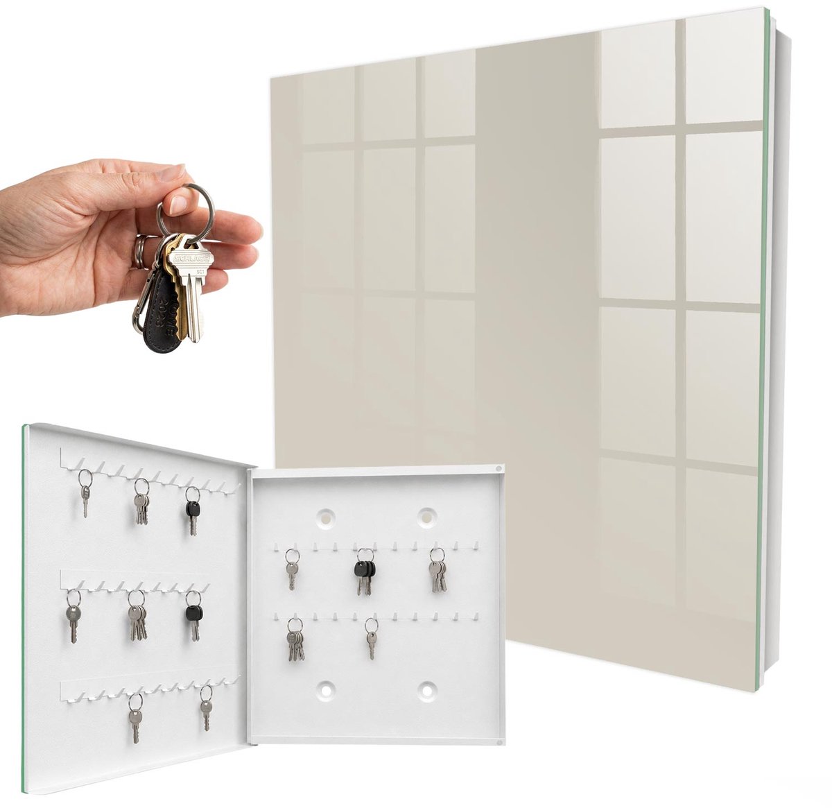 WallMuralia - Sleutelkast - 30x30x5 cm - met 50 haken - Warme Steen Sleutelkastje Landelijk - Romig Sleutelbox - Linksopenend - Wit interieur