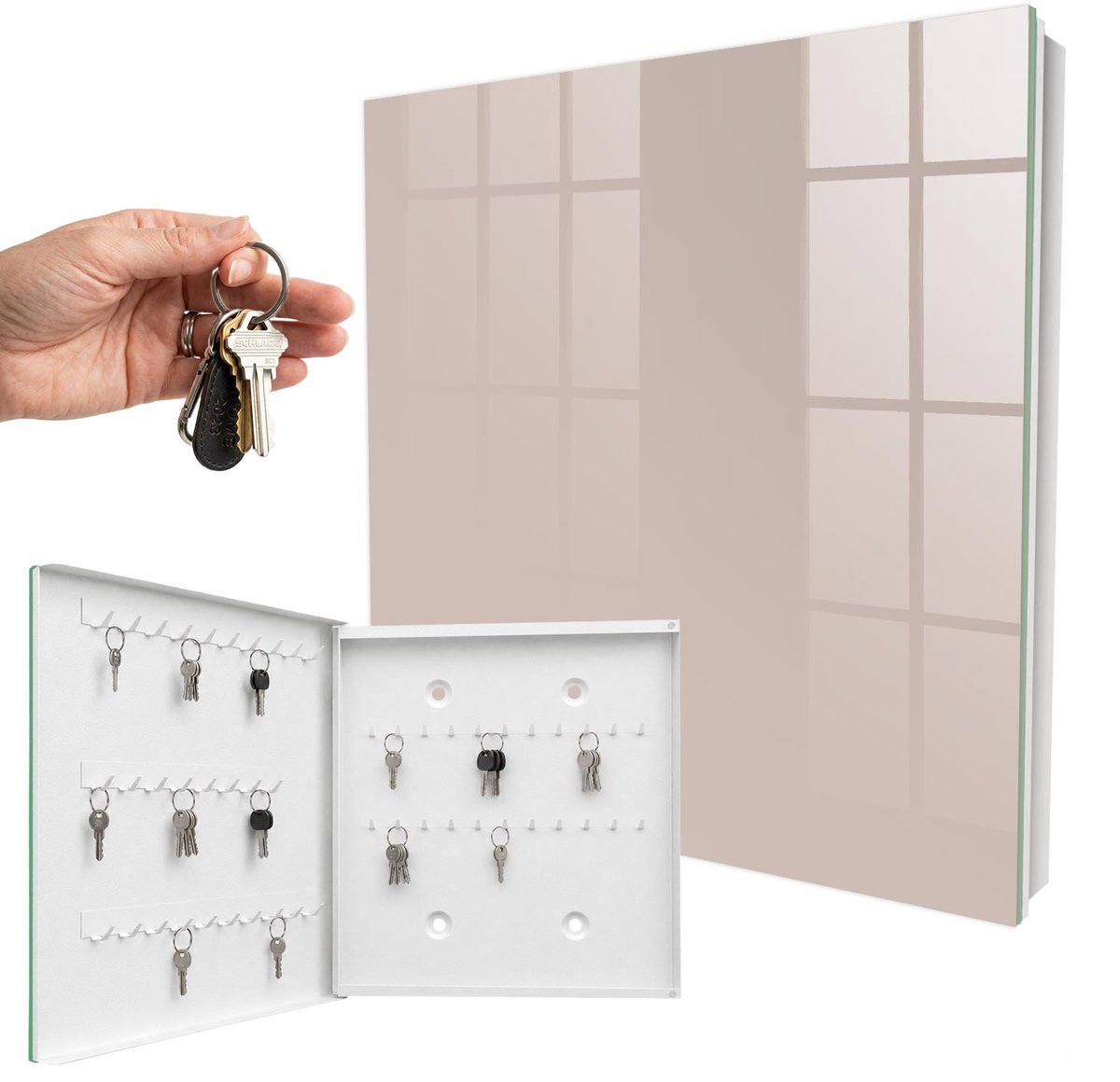 WallMuralia - Sleutelkast - 30x30x5 cm - met 50 haken - Warme, Gedempte Beigetint Design Sleutelkastje - Beige Sleutelbox - Linksopenend - Wit interieur