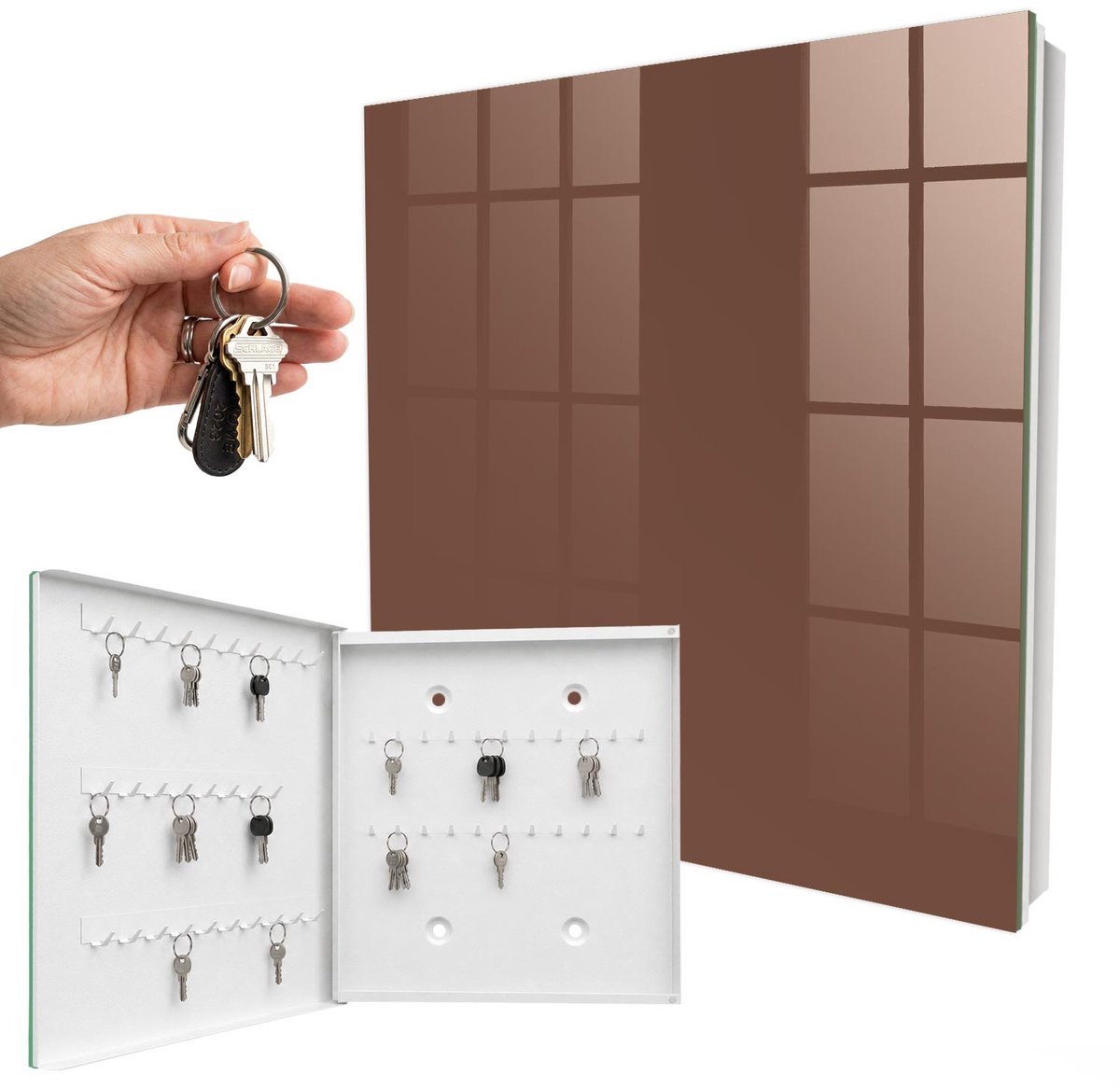 WallMuralia - Sleutelkast - 30x30x5 cm - met 50 haken - Bruine Kleur Sleutelkastje Binnen - Bruin Sleutelbox - Linksopenend - Wit interieur