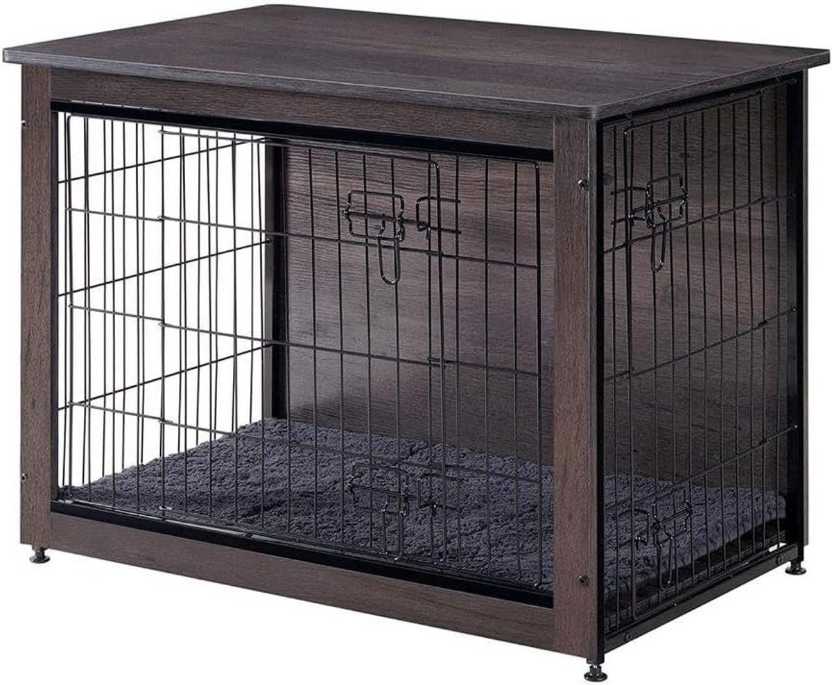 Hondenbench - Huisdierenverblijf - Veilige Rustplek - Houten Cover - 98 x 65 x 68 cm - Donkergrijs