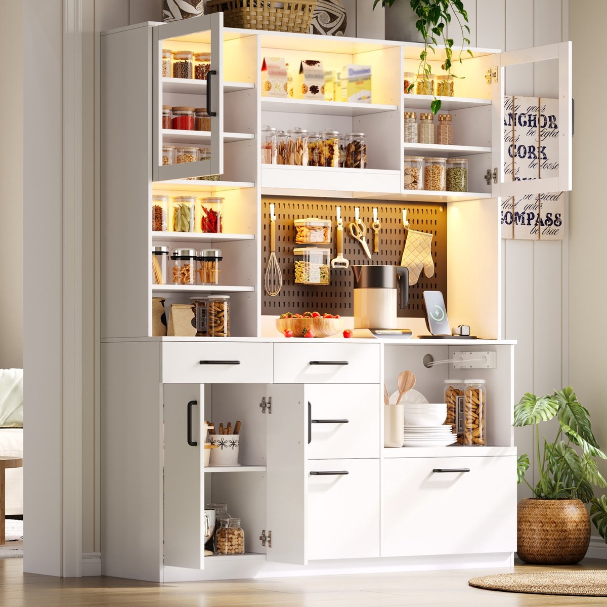 MIVRAY Keukenkast - LED Verlichting En Stopcontact - Met Werkblad En 5 Lades Voor Keuken En Eetkamer - MDF - Wit - 145x40x185 Cm