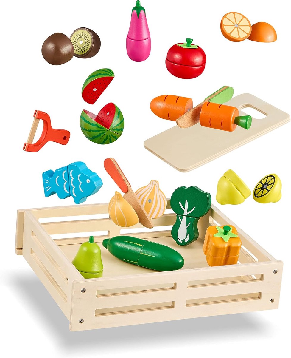 KINDERKITCHEN ACCESSOIRES, Voedseldoos Set met Fruit & Groenten om te Snijden met Bord, Mes & Schiller, Houten Speelgoed voor Jongens & Meisjes, Magnetisch