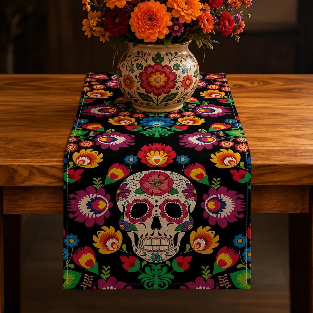 Dia de los Muertos tafelloper 33 x 183 cm, decoratie doodshoofd