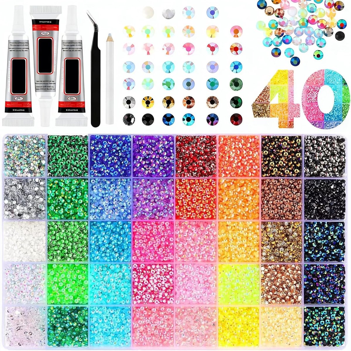 40 kleuren om te glanzen, 3 mm, 32000 stuks, inclusief 1 pincet en 1