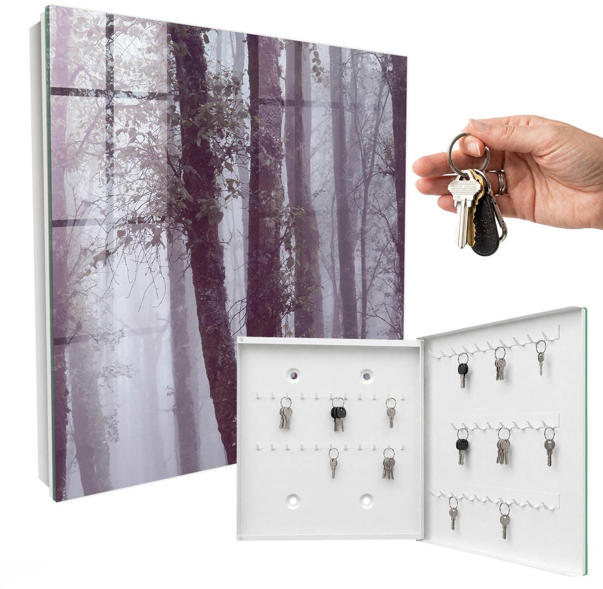 WallMuralia - Sleutelkast - 30x30x5 cm - met 50 haken - Mistbos Sleutelkastje Binnen - Grijs Sleutelbox - Rechtsopenend - Wit interieur