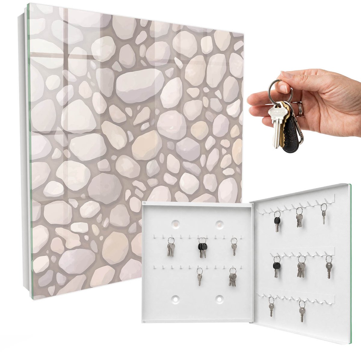 WallMuralia - Sleutelkast - 30x30x5 cm - met 50 haken - Stenen Constructie Sleutelkastje Industrieel - Beige Sleutelbox - Rechtsopenend - Wit interieur