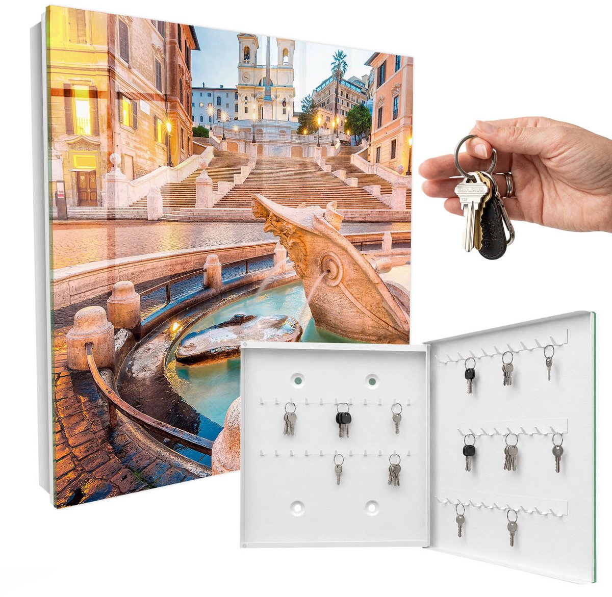 WallMuralia - Sleutelkast - 30x30x5 cm - met 50 haken - Stedelijke Elegantie Sleutelkastje Klein - Beige Sleutelbox - Rechtsopenend - Wit interieur