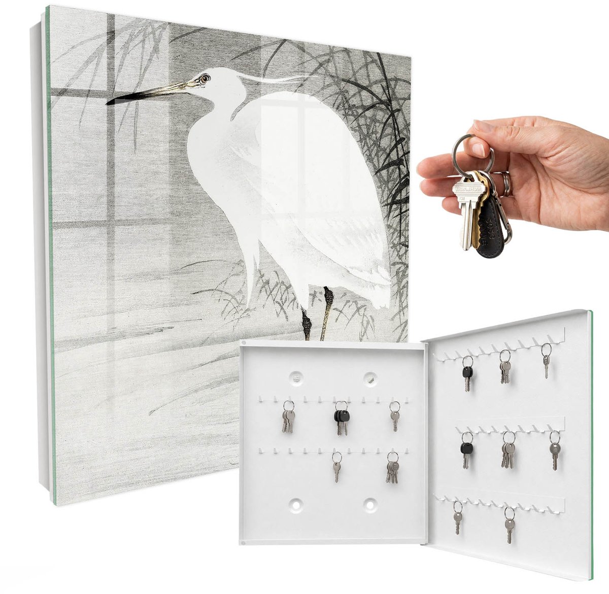 WallMuralia - Sleutelkast - 30x30x5 cm - met 50 haken - Reiger Sleutelkastje Klein - Wit Sleutelbox - Rechtsopenend - Wit interieur