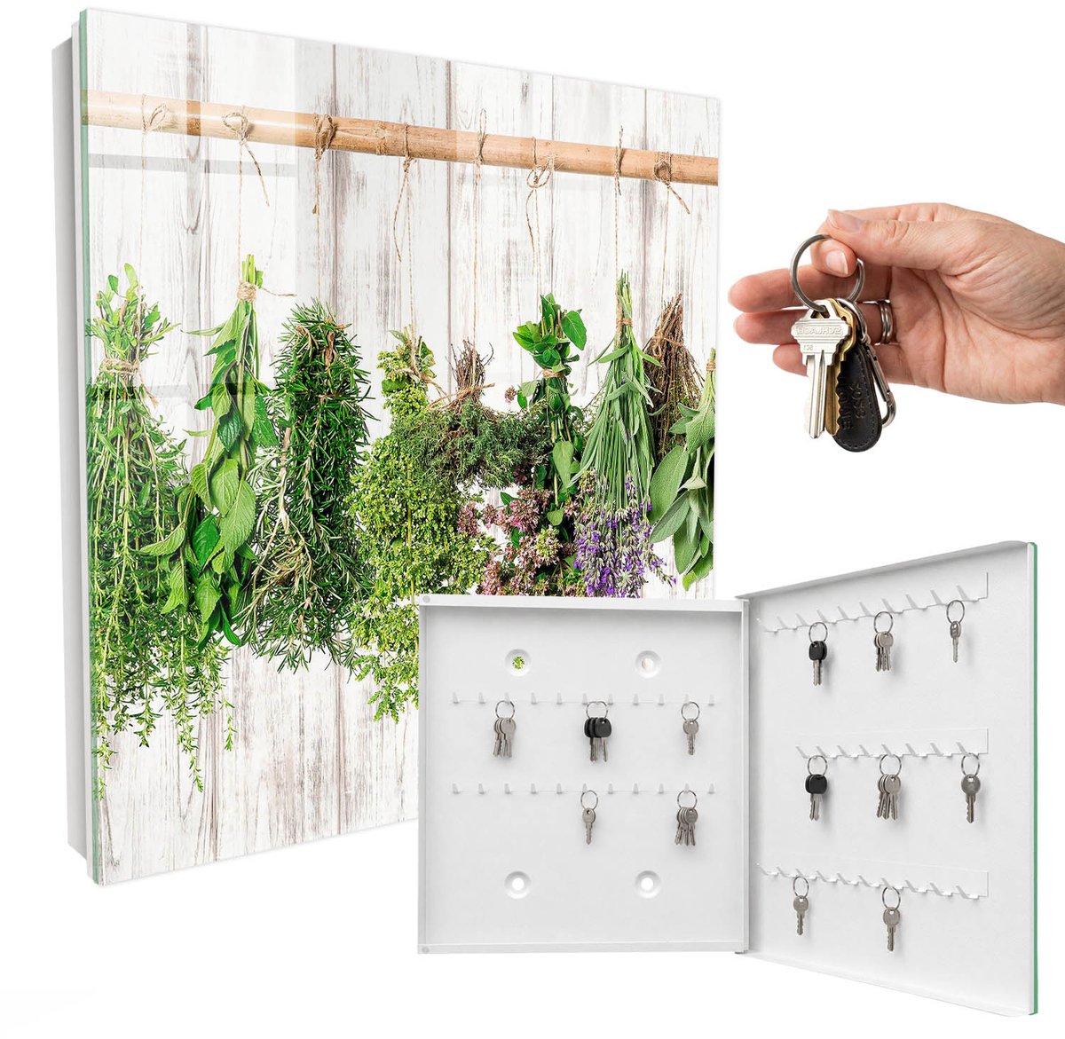 WallMuralia - Sleutelkast - 30x30x5 cm - met 50 haken - Gedroogde Kruiden Leuk Sleutelkastje - Groente Sleutelbox - Rechtsopenend - Wit interieur