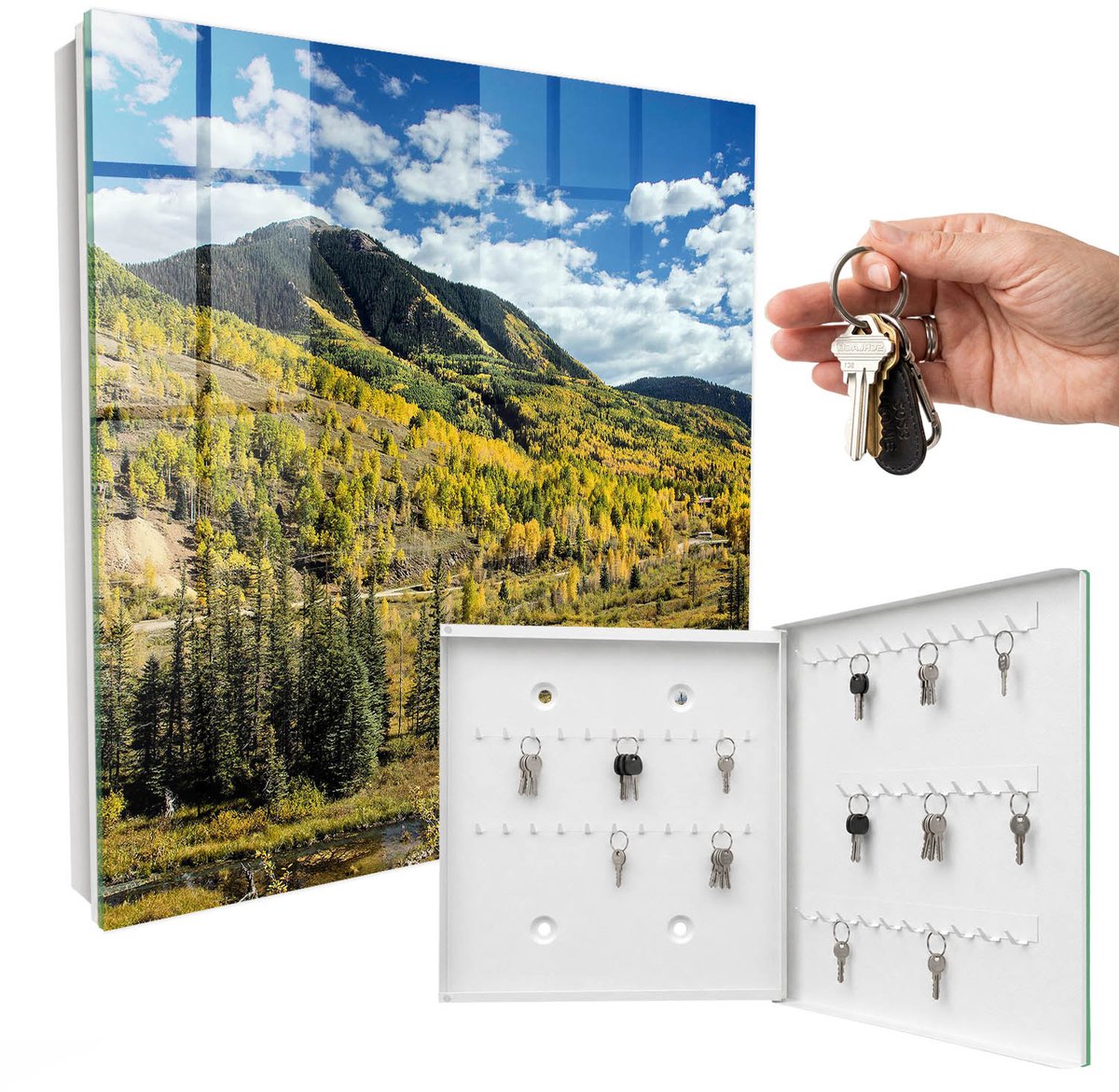 WallMuralia - Sleutelkast - 30x30x5 cm - met 50 haken - Herfstlandschap Sleutelkastje Gang - Groente Sleutelbox - Rechtsopenend - Wit interieur
