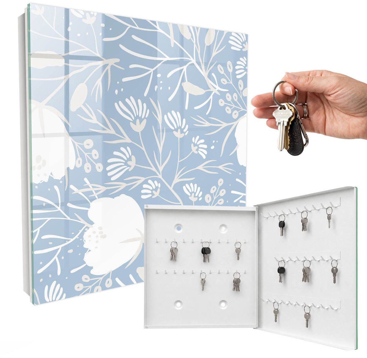 WallMuralia - Sleutelkast - 30x30x5 cm - met 50 haken - Plantmotieven Groot Sleutelkastje - Blauw Sleutelbox - Rechtsopenend - Wit interieur