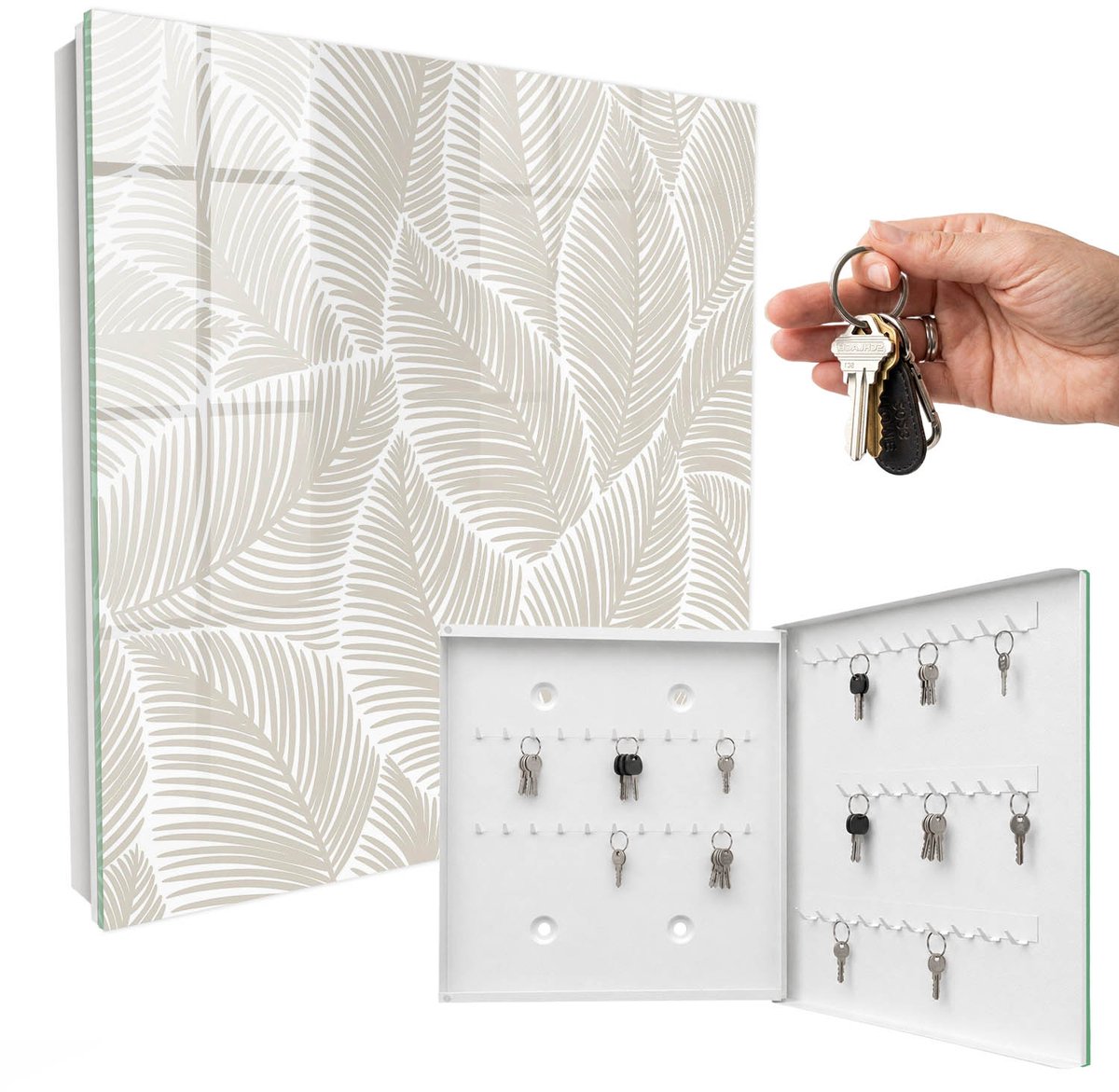 WallMuralia - Sleutelkast - 30x30x5 cm - met 50 haken - Vredige Bladeren Sleutelkastje Gang - Beige Sleutelbox - Rechtsopenend - Wit interieur