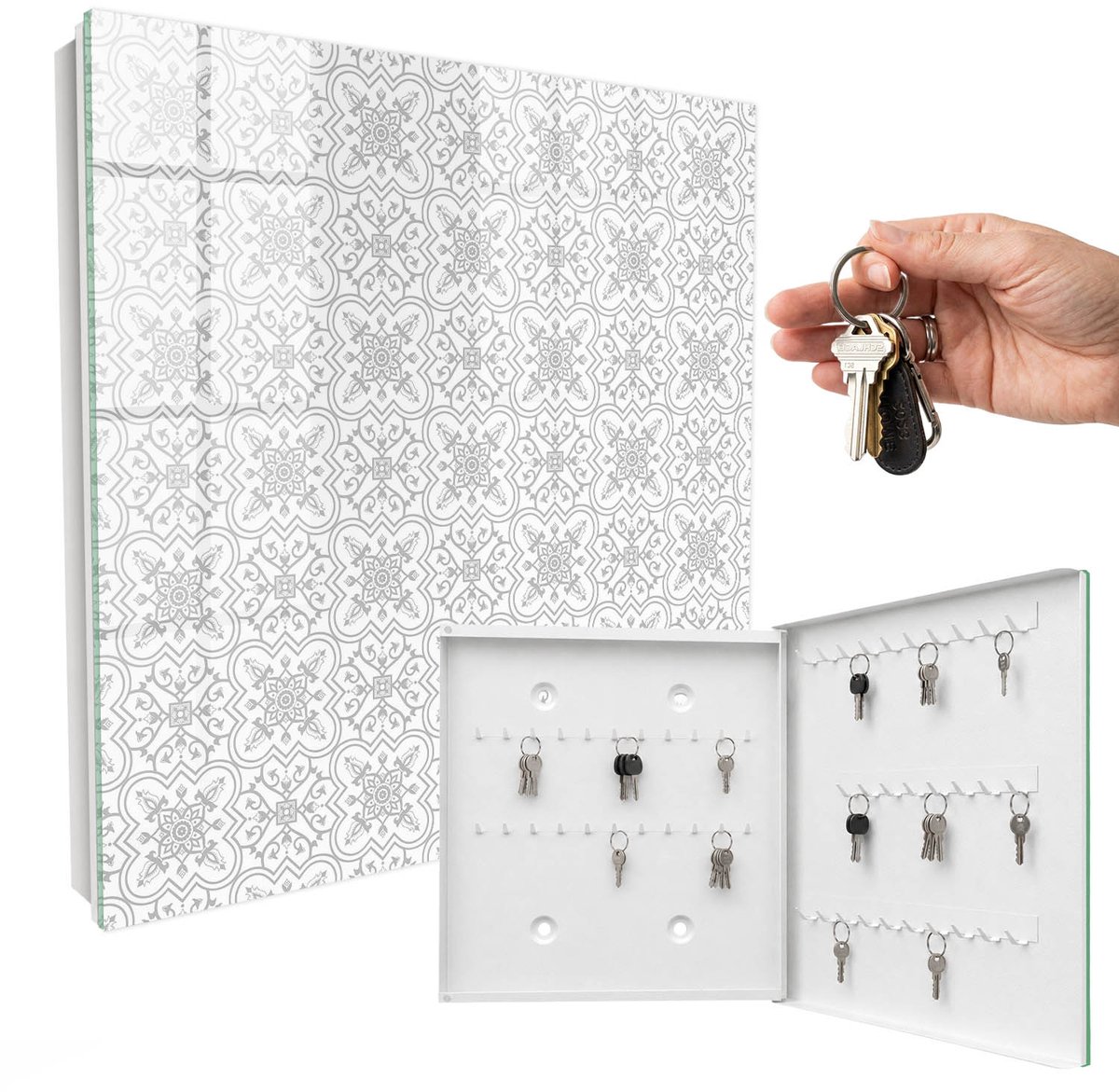 WallMuralia - Sleutelkast - 30x30x5 cm - met 50 haken - Geometrisch Patroon Sleutelkastje Klein - Wit Sleutelbox - Rechtsopenend - Wit interieur