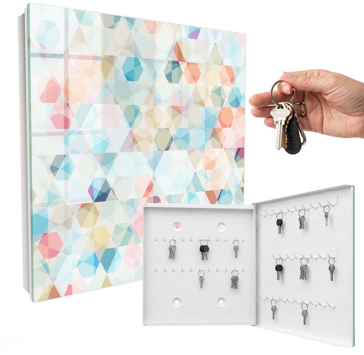 WallMuralia - Sleutelkast - 30x30x5 cm - met 50 haken - Geometrische Patronen Leuk Sleutelkastje - Blauw Sleutelbox - Rechtsopenend - Wit interieur