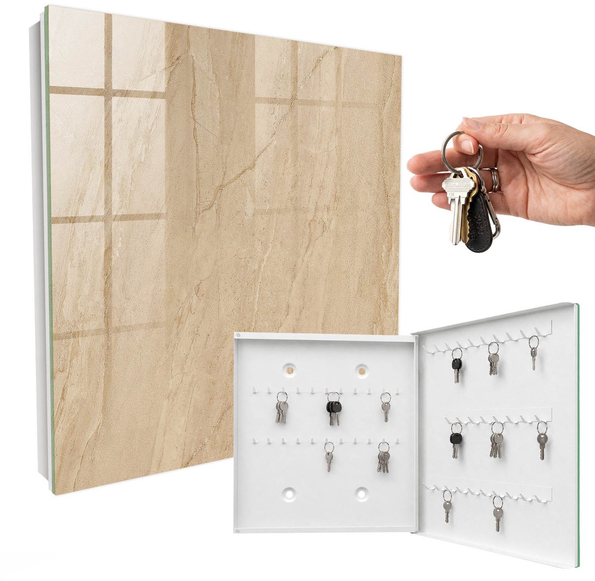 WallMuralia - Sleutelkast - 30x30x5 cm - met 50 haken - Beige Marmer Sleutelkastje Muur - Beige Sleutelbox - Rechtsopenend - Wit interieur