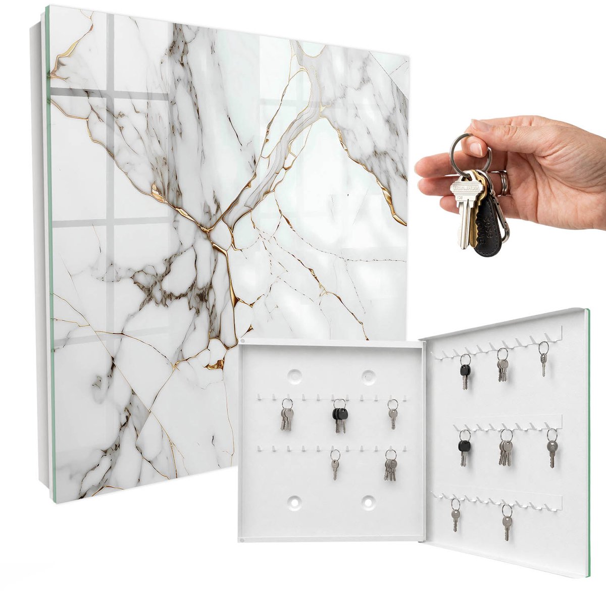 WallMuralia - Sleutelkast - 30x30x5 cm - met 50 haken - Marmeren Elegantie Sleutelkastje Gang - Wit Sleutelbox - Rechtsopenend - Wit interieur