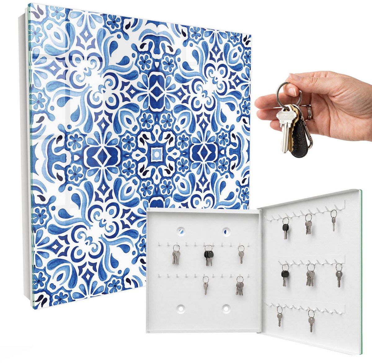 WallMuralia - Sleutelkast - 30x30x5 cm - met 50 haken - Tegelornamenten Sleutelkastje Binnen - Blauw Sleutelbox - Rechtsopenend - Wit interieur